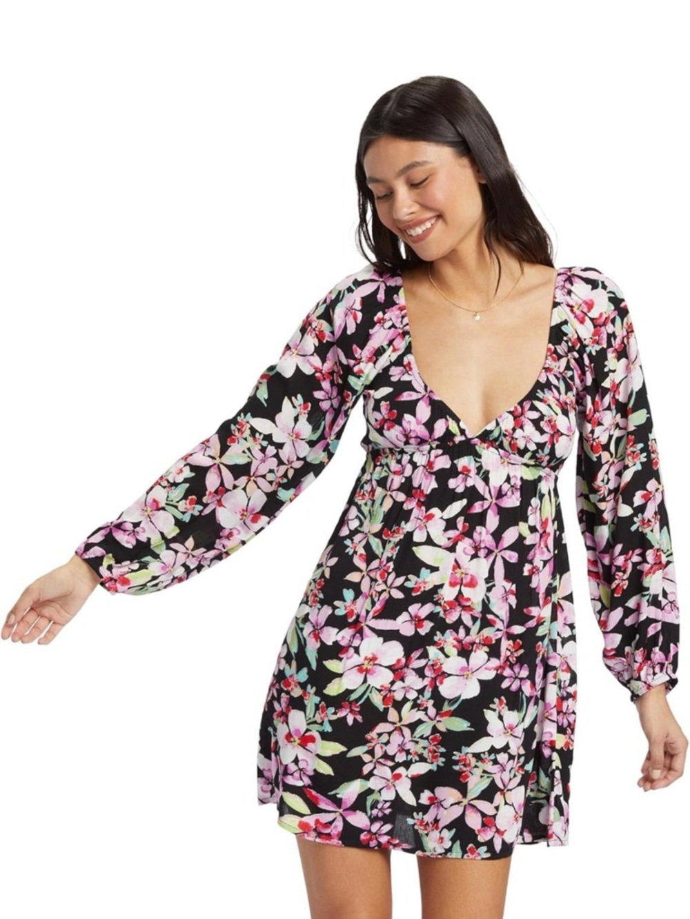 Roxy Floral V-Neck Mini Dress in Black and Pink